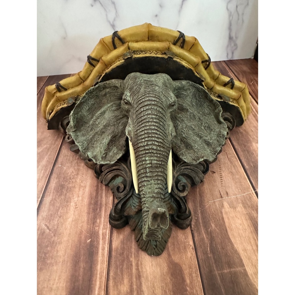 Safari Elephant Head Wall Shelf Faux Bamboo Ledge Sculpture Decor 14x11x6